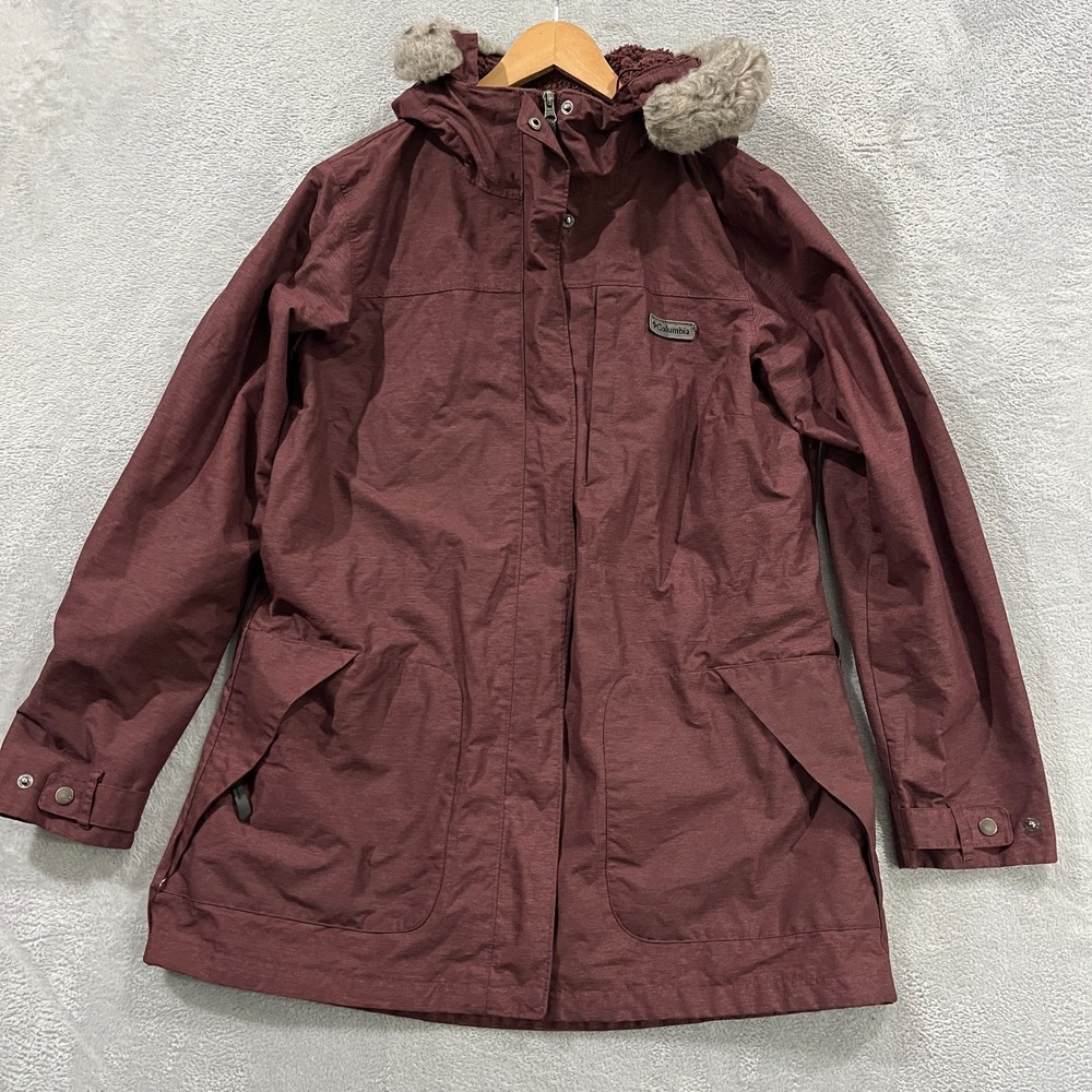 Columbia Interchange Parka Jacket Women XL Maroon Lined Faux Fur Hooded Full Zip